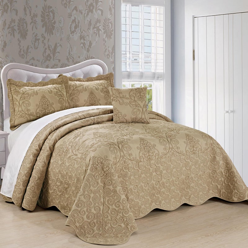 Home Soft Things Damask 4 Piece Bedspread Set, Scalloped Edge Reversible Quilt Coverlet Comforter Prewashed Bedding Set, Matelasse Embossed Floral Solid Pattern,Incense Oversize King(120" x 120") - Image 1